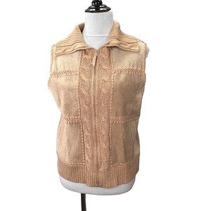 Designers Studio Originals Leather Knit Sweater Vest Zip Front M Tan Boho Hippie